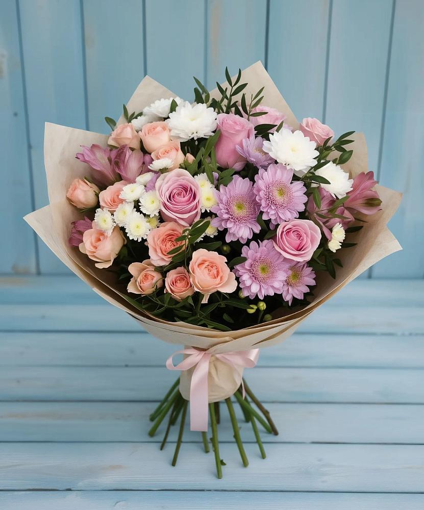 Букет цветов из: Хризантемы, Розы и Альстромерии в Кировский Приморского края