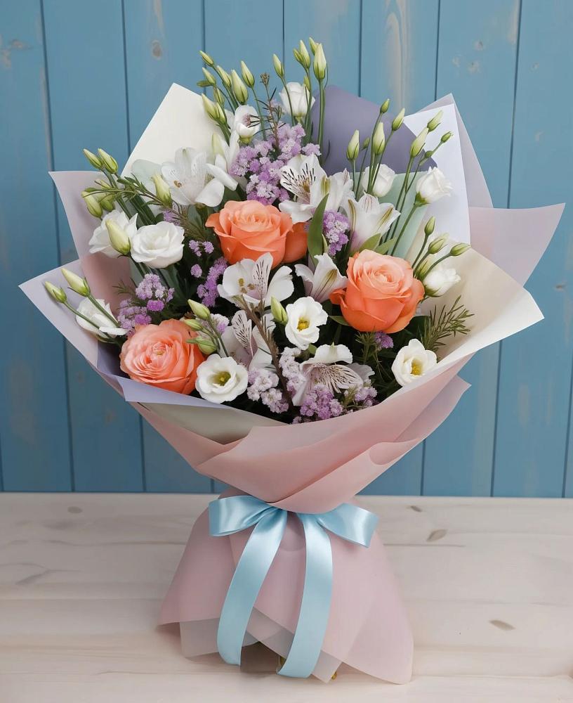 Букет цветов из: Лизиантусы, Розы, Альстромерии и Гипсофила в Кировский Приморского края