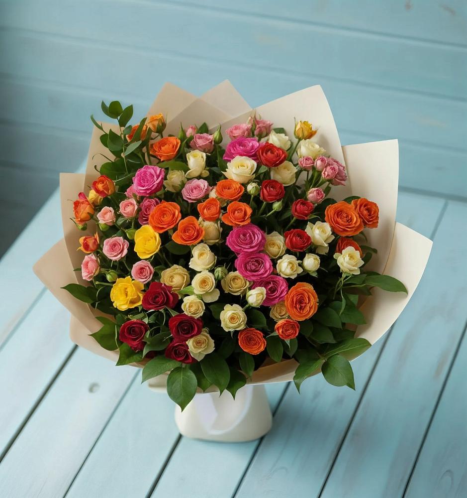 Букет Микс из разноцветных кустовых роз в Кировский Приморского края
