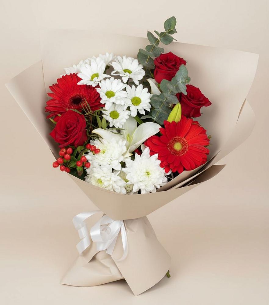 Букет цветов из: Розы, Хризантемы, Герберы и Лилии в Кировский Приморского края