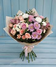 Букет цветов из:  Хризантемы, Розы и Альстромерии в Кировский Приморского края