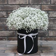 Цветочная композиция из Гипсофила в шляпной коробке в Кировский Приморского края
