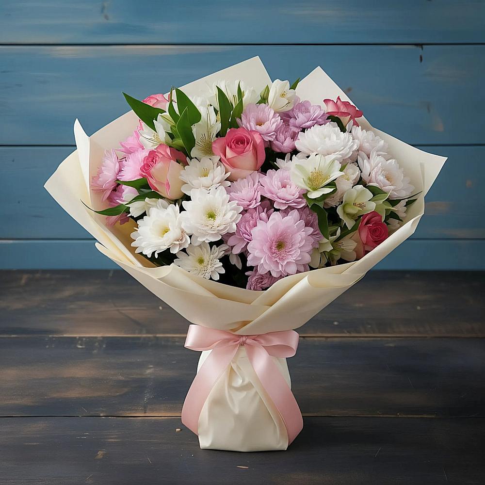 Букет цветов из: Хризантемы, Альстромерии и Розы в Кировский Приморского края